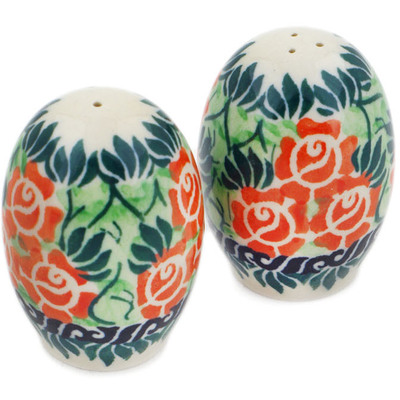 Polish Pottery Salt and Pepper Set 2&quot; Red Impatiens UNIKAT