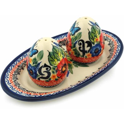 Polish Pottery Salt and Pepper Set 3 Piece Butterfly Paradise UNIKAT