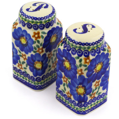 Polish Pottery Salt and Pepper Set 4&quot; Flooding Blues UNIKAT