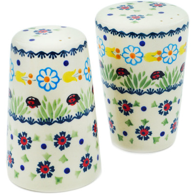 Polish Pottery Salt and Pepper Set 4&quot; Flowers And Ladybugs