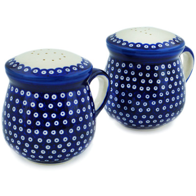 Polish Pottery Salt and Pepper Set 4&quot; Tiny Peacock Eyes UNIKAT