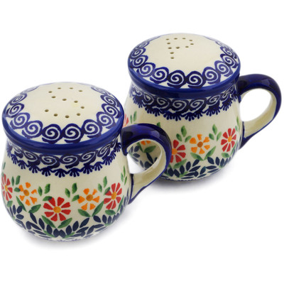 Polish Pottery Salt and Pepper Set 4&quot; Wave Of Flowers