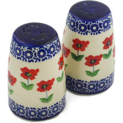 Polish Pottery Salt and Pepper Set 4&quot; Wind-blown Poppies