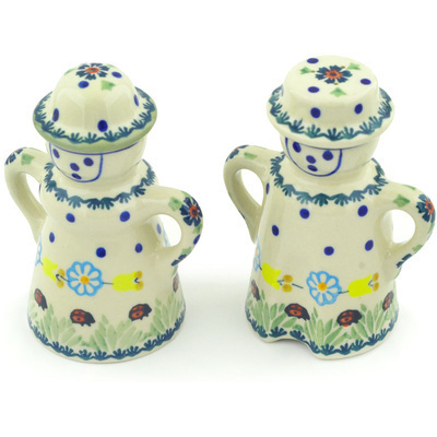 Polish Pottery Salt and Pepper Set 5&quot; Flowers And Ladybugs