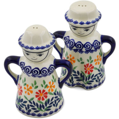 Polish Pottery Salt and Pepper Set 5&quot; Wave Of Flowers