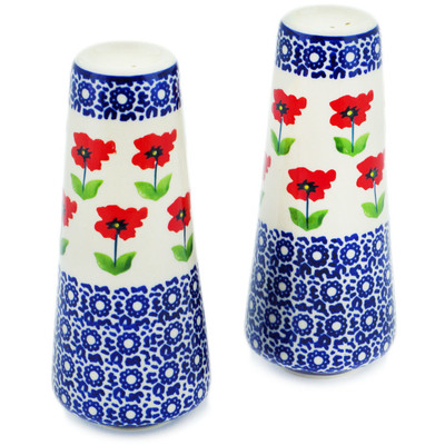 Polish Pottery Salt and Pepper Set 6&quot; Wind-blown Poppies