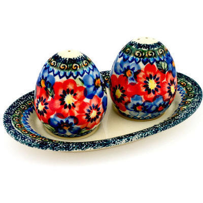Polish Pottery Salt and Pepper Set 7&quot; Blue And Red Poppies UNIKAT