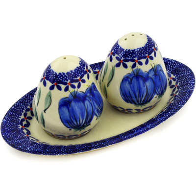Polish Pottery Salt and Pepper Set 7&quot; Blue Bulbs