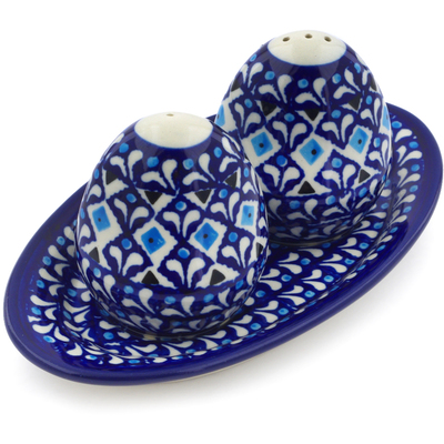 Polish Pottery Salt and Pepper Set 7&quot; Blue Diamond Dream