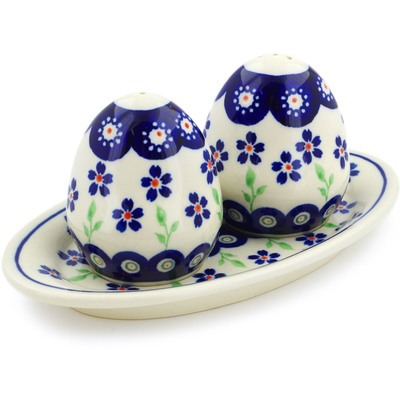 Polish Pottery Salt and Pepper Set 7&quot; Bright Peacock Daisy