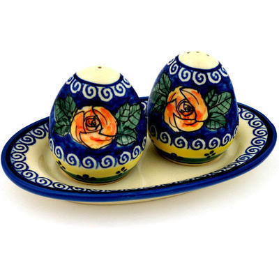 Polish Pottery Salt and Pepper Set 7&quot; Cabbage Roses