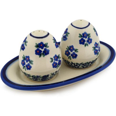 Polish Pottery Salt and Pepper Set 7&quot; Forget Me Not Dots
