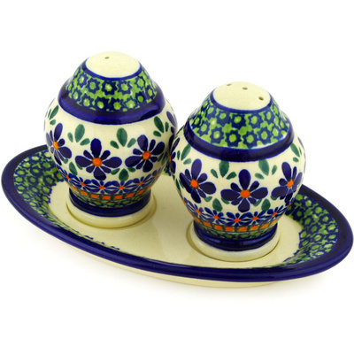 Polish Pottery Salt and Pepper Set 7&quot; Gingham Flowers