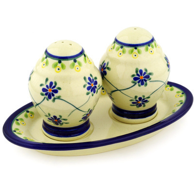 Polish Pottery Salt and Pepper Set 7&quot; Gingham Trellis