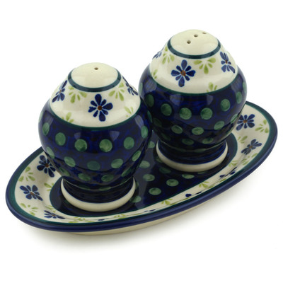 Polish Pottery Salt and Pepper Set 7&quot; Green Gingham Peacock