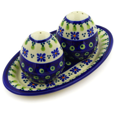 Polish Pottery Salt and Pepper Set 7&quot; Green Gingham Peacock