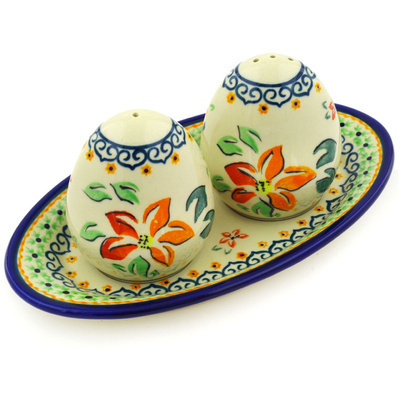 Polish Pottery Salt and Pepper Set 7&quot; Orange Clematis