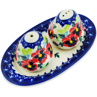 Polish Pottery Salt and Pepper Set 7&quot; Pansy Wreath UNIKAT