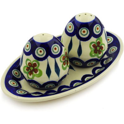 Polish Pottery Salt and Pepper Set 7&quot; Peacock Garden