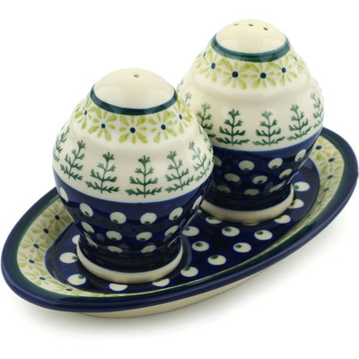 Polish Pottery Salt and Pepper Set 7&quot; Peacock In The Pines