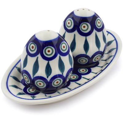 Polish Pottery Salt and Pepper Set 7&quot; Peacock Leaves