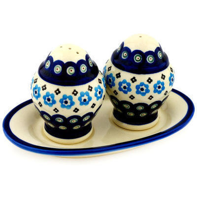 Polish Pottery Salt and Pepper Set 7&quot; Peacock Poppy Chain
