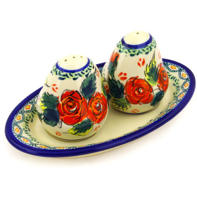 Polish Pottery Salt and Pepper Set 7&quot; Polish Roses UNIKAT