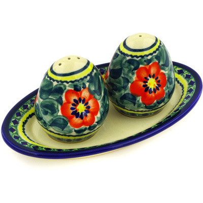 Polish Pottery Salt and Pepper Set 7&quot; Poppies All Around UNIKAT