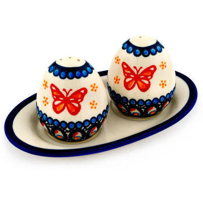 Polish Pottery Salt and Pepper Set 7&quot; Red Butterflies