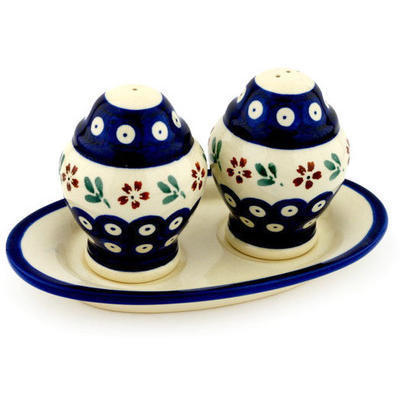 Polish Pottery Salt and Pepper Set 7&quot; Red Daisy Peacock