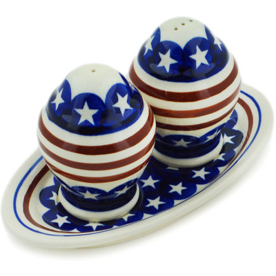 Polish Pottery Salt and Pepper Set 7&quot; Stars And Stripes