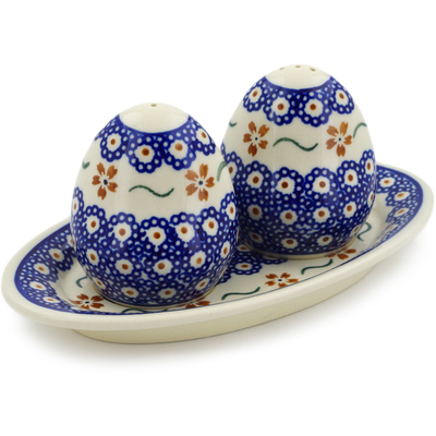 Polish Pottery Salt and Pepper Set 7&quot; Sweet Red Flower