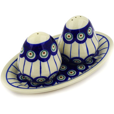 Polish Pottery Salt and Pepper Set 7&quot; Traditional Peacock