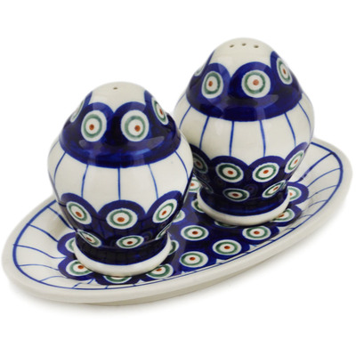Polish Pottery Salt and Pepper Set 7&quot; Traditional Peacock