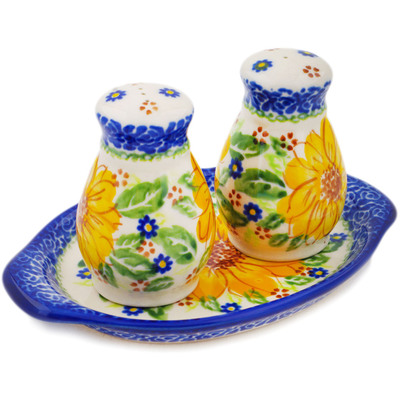 Polish Pottery Salt and Pepper Set Sunflower Yellow Petal Bliss UNIKAT
