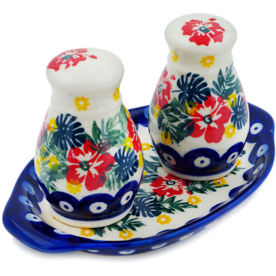 Polish Pottery Salt and Pepper Set Tropical Peacock UNIKAT