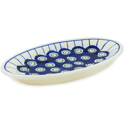Polish Pottery Salt and Pepper Tray 7&quot; Traditional Peacock