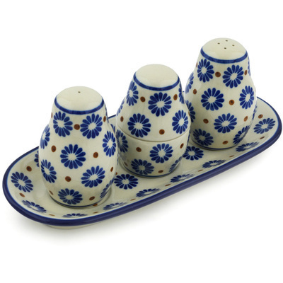 Polish Pottery Salt and Pepper with Toothpick Holder 10&quot; Aster Polka Dot