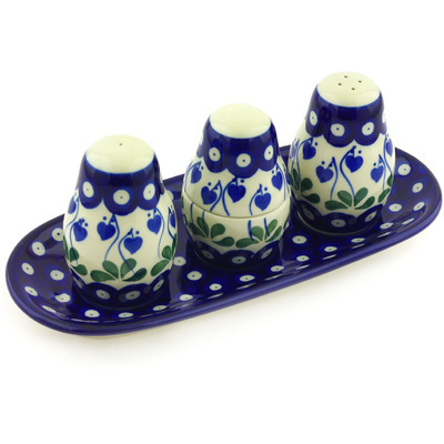 Polish Pottery Salt and Pepper with Toothpick Holder 10&quot; Bleeding Heart Peacock