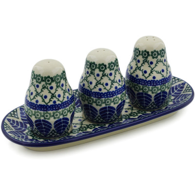 Polish Pottery Salt and Pepper with Toothpick Holder 10&quot; Blue Alpine