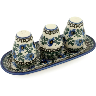 Polish Pottery Salt and Pepper with Toothpick Holder 10&quot; Blue Chicory