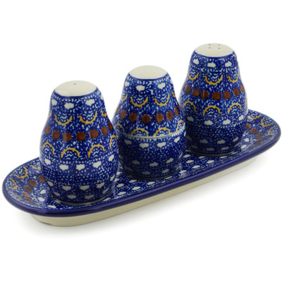Polish Pottery Salt and Pepper with Toothpick Holder 10&quot; Blue Horizons