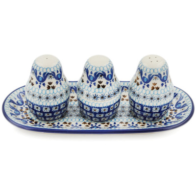 Polish Pottery Salt and Pepper with Toothpick Holder 10&quot; Blue Ice
