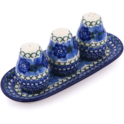 Polish Pottery Salt and Pepper with Toothpick Holder 10&quot; Blue Pansy Circle UNIKAT