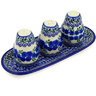 Polish Pottery Salt and Pepper with Toothpick Holder 10&quot; Blue Poppy Wreath