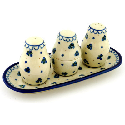 Polish Pottery Salt and Pepper with Toothpick Holder 10&quot; Blueberry Stars