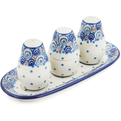 Polish Pottery Salt and Pepper with Toothpick Holder 10&quot; Bubble Fun
