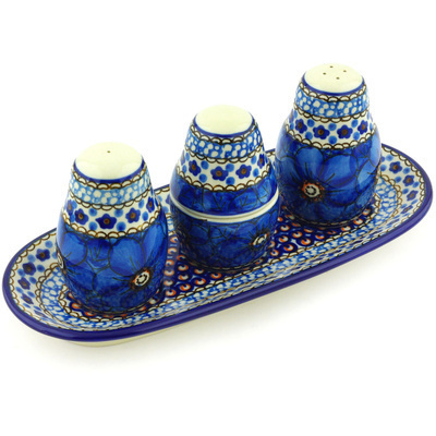 Polish Pottery Salt and Pepper with Toothpick Holder 10&quot; Cobalt Poppies UNIKAT
