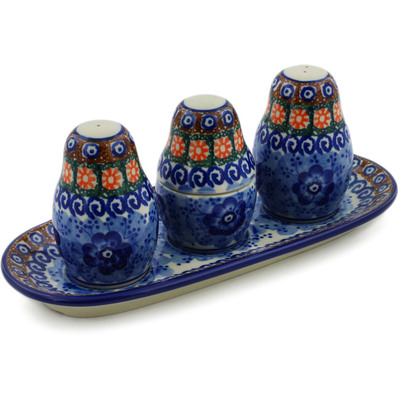 Polish Pottery Salt and Pepper with Toothpick Holder 10&quot; Dancing Blue Poppies UNIKAT