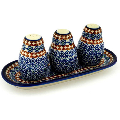 Polish Pottery Salt and Pepper with Toothpick Holder 10&quot; Earthy Mosaic